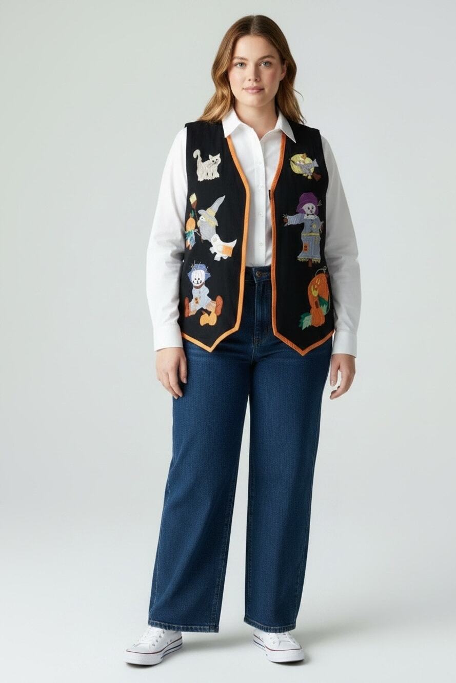Gallagher Womens XL Vintage 90s Halloween Vest Ghost Witch Applique Zip-up